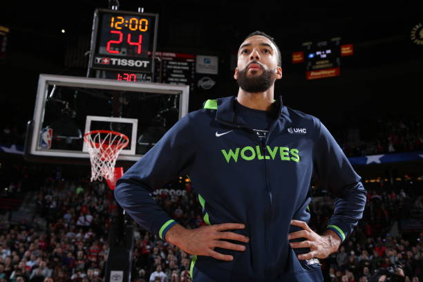 Rudy Gobert of the Minnesota Timberwolves looks on during warm ups before the game against the Portland Trail Blazers on December 10, 2022 at the...