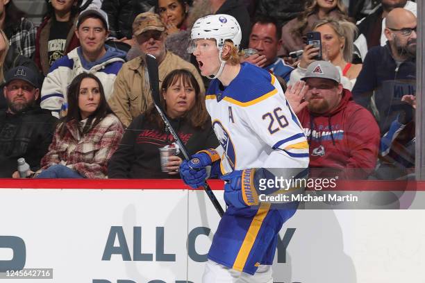 Rasmus Dahlin of the Buffalo Sabres celebrates after scoring a goal against the Colorado Avalanche at Ball Arena on December 15, 2022 in Denver,...