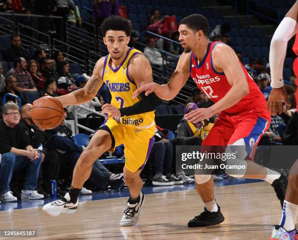 Scotty Pippen Jr. #2 of the South Bay Lakers drives to the basket against Lucas Williamson of the Ontario Clippers on December 15, 2022 at Toyota...