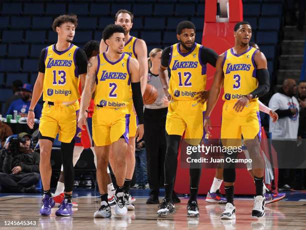 Javante McCoy, Scotty Pippen Jr. #2, Jay Huff, LJ Figueroa and Shaquille Harrison of the South Bay Lakers look on during the game against the Ontario...