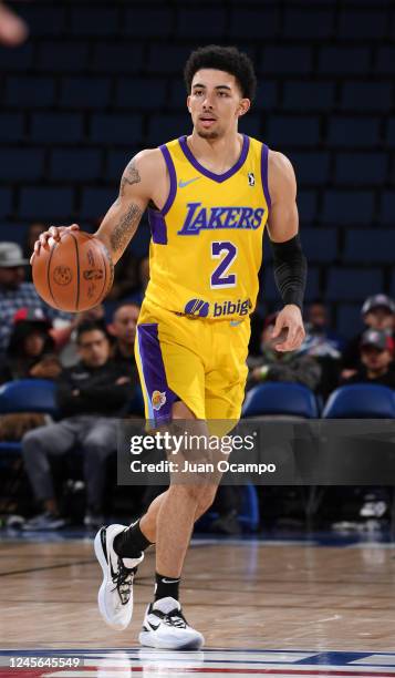 Scotty Pippen Jr. #2 of the South Bay Lakers brings the ball up the court during the game against the Ontario Clippers on December 15, 2022 at Toyota...