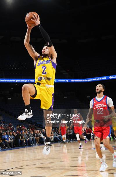 Scotty Pippen Jr. #2 of the South Bay Lakers goes up for the dunk during the game against the Ontario Clippers on December 15, 2022 at Toyota Arena...