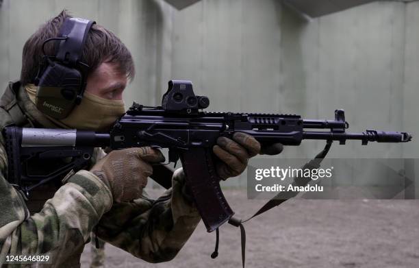 Volunteers including athletes from the Russian Martial Arts Union receive sniper training at Russian Special Forces University in Gudermes, Russia on...