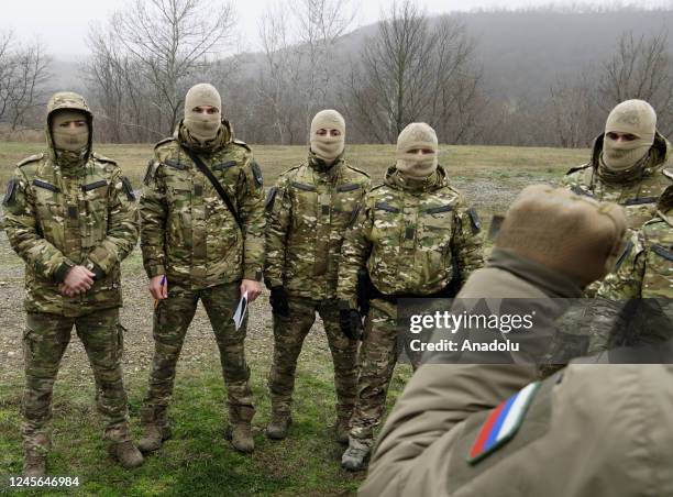 Volunteers including athletes from the Russian Martial Arts Union receive sniper training at Russian Special Forces University in Gudermes, Russia on...