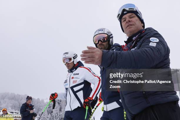 Johan Clarey of Team France, Adrien Theaux of Team France, David Chastan inspect the course during the Audi FIS Alpine Ski World Cup Men's Super G on...
