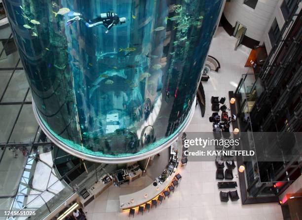 Divers clean the "AquaDom" a lobby aquarium in the Radisson Blu hotel in central Berlin on May 10, 2011. The aquarium , holds approx 1 million liters...