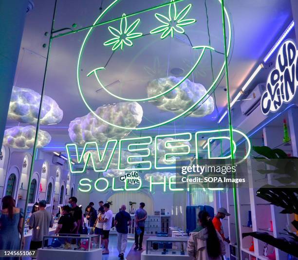 General view of the Cloud Nine weed outlet on Sukhumvit Road. In the metropolitan area of Bangkok 1995 marijuana dispensaries/shops, have opened, and...