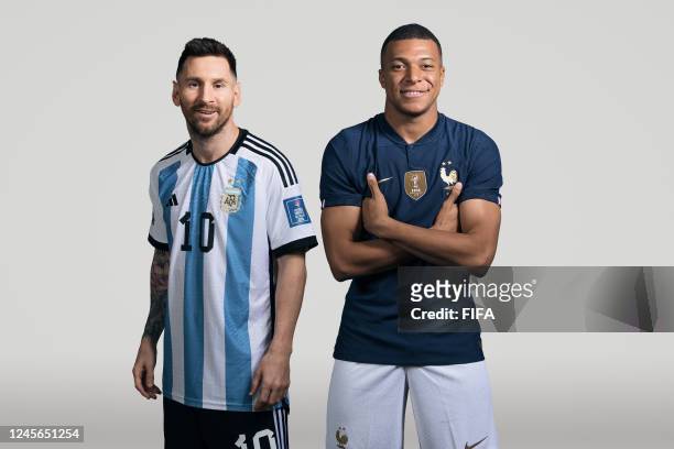 In this composite image, a comparison has been made between Lionel Messi of Argentina and Kylian Mbappe of France, who are posing during the official...
