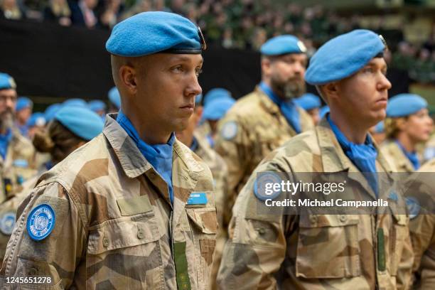 Soldiers participate in a medal ceremony for Swedish soldiers who served in the U.N. Peace keeping mission in Mali at Royal Tennis Hall on December...