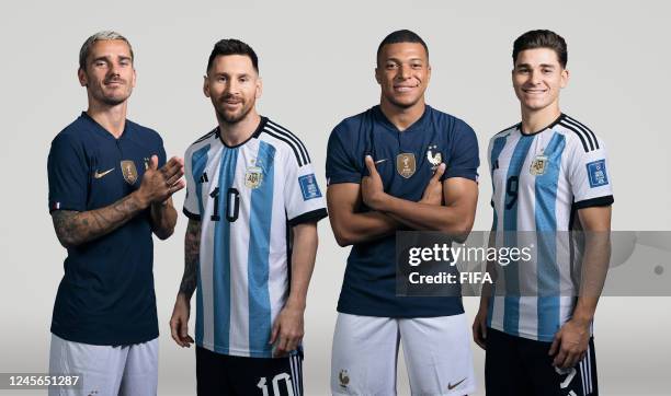 In this composite image, a comparison has been made between Antoine Griezmann of France, Lionel Messi of Argentina, Kylian Mbappe of France and...