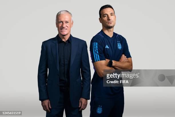 In this composite image, a comparison has been made between Didier Deschamps, Head Coach of France and Lionel Scaloni, Head Coach of Argentina, who...
