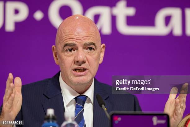 President Gianni Infantion speaks to media during the Press Conference ahead of the Third Place and Final matches of FIFA World Cup Qatar 2022 at the...