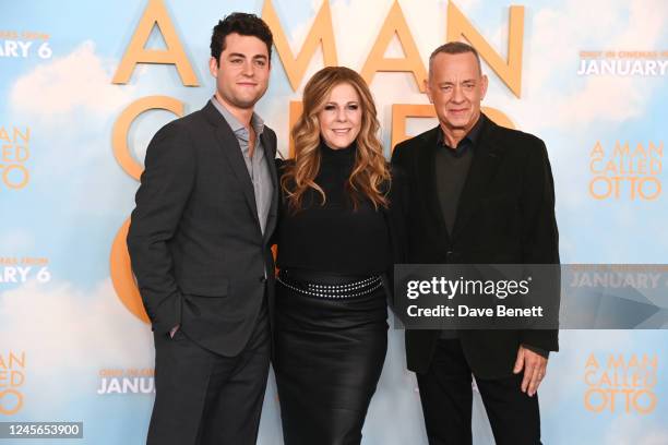 Truman Hanks, Rita Wilson and Tom Hanks attend a photocall for "A Man Called Otto" at Corinthia Hotel London on December 16, 2022 in London, England.