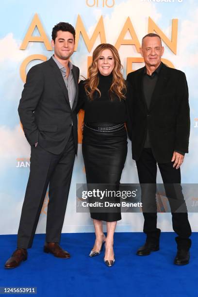 Truman Hanks, Rita Wilson and Tom Hanks attend a photocall for "A Man Called Otto" at Corinthia Hotel London on December 16, 2022 in London, England.