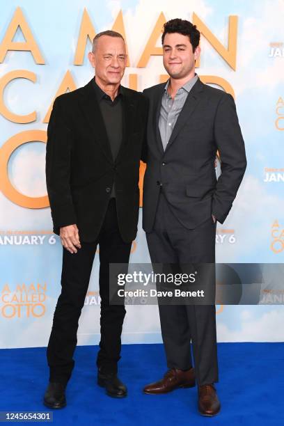 Tom Hanks and Truman Hanks attend a photocall for "A Man Called Otto" at Corinthia Hotel London on December 16, 2022 in London, England.