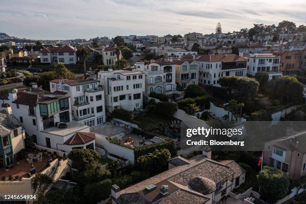 Houses in the Sea Cliff neighborhood of San Francisco, California, US, on Thursday, Dec. 15, 2022. California home sales plunged this year as soaring...