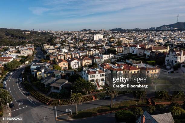 Houses in the Sea Cliff neighborhood of San Francisco, California, US, on Thursday, Dec. 15, 2022. California home sales plunged this year as soaring...