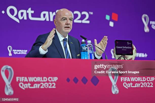 President Gianni Infantino talks during the Press Conference ahead of the Third Place and Final matches of FIFA World Cup Qatar 2022 at the Main...