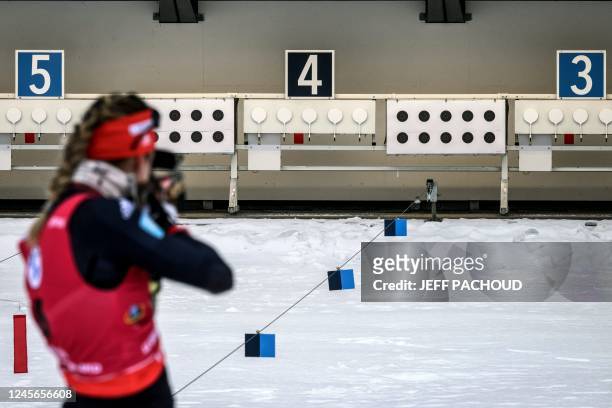 German biathlete Denise Herrmann-Wick takes part in the zeroing session prior to the womens 7,5 km sprint event of the IBU Biathlon World Cup in Le...