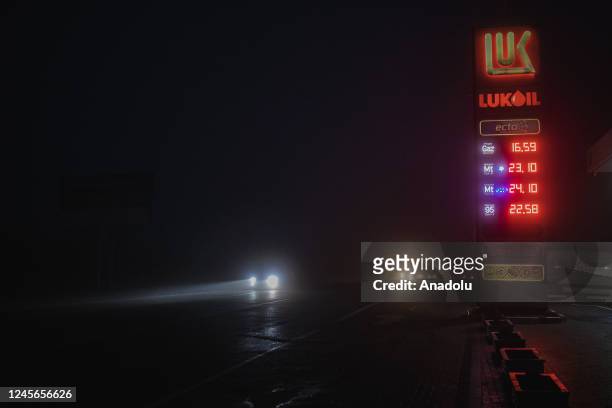 View from dark street due to blackout in Laloveni, Moldova on December 15, 2022. Moldova is experiencing interruptions in its electricity system due...