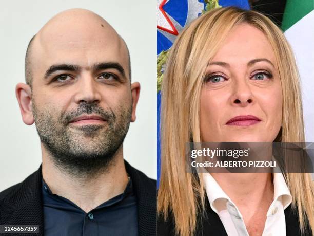 This combination of pictures created on November 12, 2022 shows a file photo taken on September 05, 2019 shows Italian writer Roberto Saviano during...