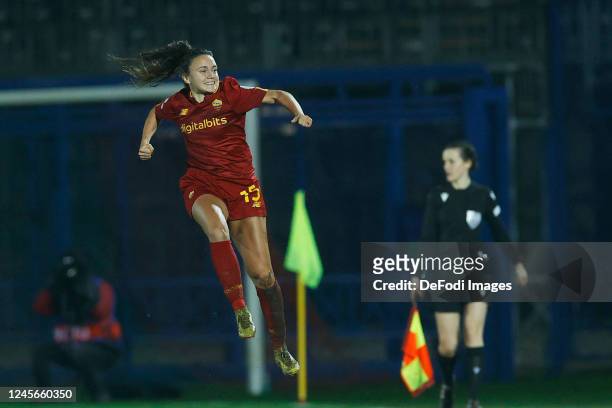 Annamaria Serturini of AS Roma celebrates after scoring her team's first goal during the UEFA Women's Champions League group B match between AS Roma...