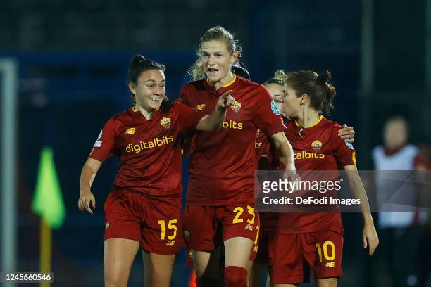 Annamaria Serturini of AS Roma celebrates after scoring her team's first goal with team mates during the UEFA Women's Champions League group B match...