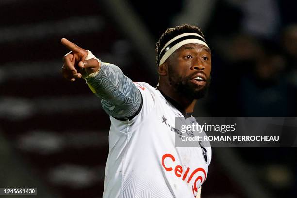 Sharks' South African flancker Siya Kolisi reacts during the European Rugby Champions Cup pool A rugby union match between Bordeaux-Begles and...