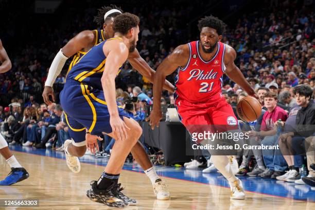 Joel Embiid of the Philadelphia 76ers dribbles the ball during the game against the Golden State Warriors on December 16, 2022 at the Wells Fargo...