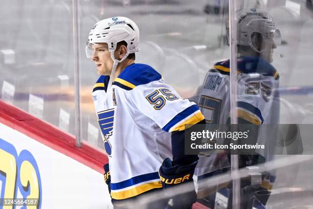 St. Louis Blues Defenceman Colton Parayko warms up before an NHL game between the Calgary Flames and the St. Louis Blues on December 16 at the...