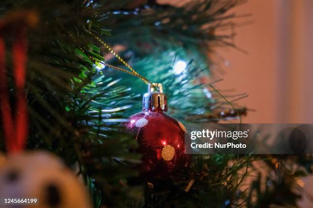 Ornaments on a Christmas Tree in Athens, Greece on December 16, 2022.
