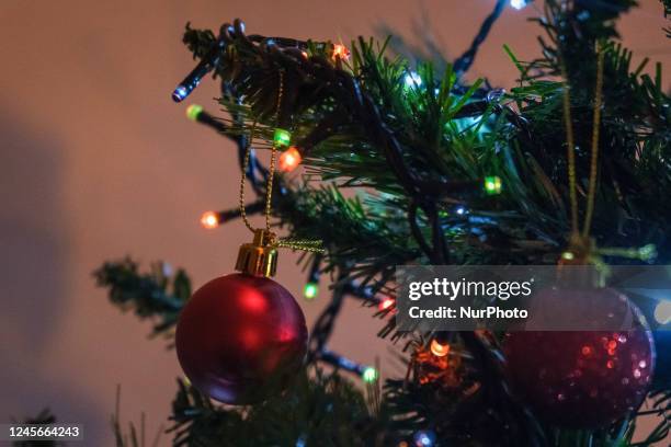 Ornaments on a Christmas Tree in Athens, Greece on December 16, 2022.