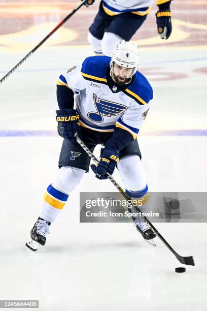 St. Louis Blues Defenceman Nick Leddy warms up before an NHL game between the Calgary Flames and the St. Louis Blues on December 16 at the Scotiabank...