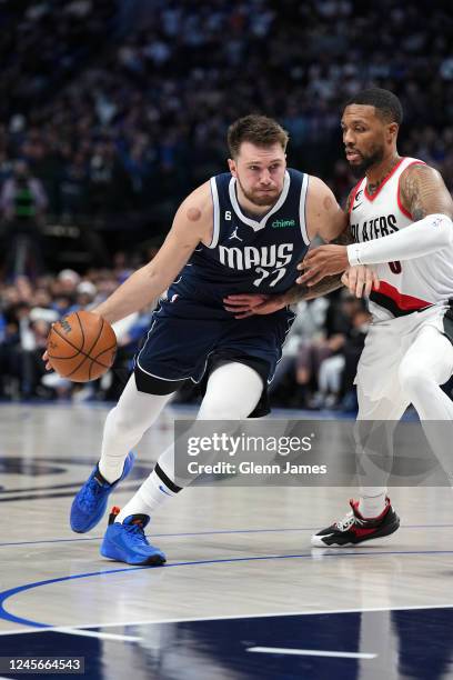 Luka Doncic of the Dallas Mavericks drives to the basket during the game against the Portland Trail Blazers on December 16, 2022 at the American...