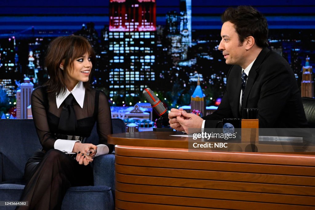 Actress Jenna Ortega during an interview with host Jimmy Fallon on