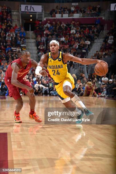 Buddy Hield of the Indiana Pacers drives to the basket during the game against the Cleveland Cavaliers on December 16, 2022 at Rocket Mortgage...