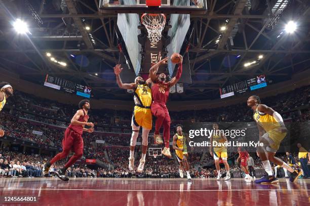 Donovan Mitchell of the Cleveland Cavaliers shoots the ball during the game against the Indiana Pacers on December 16, 2022 at Rocket Mortgage...