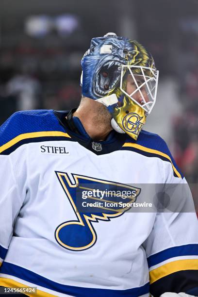 St. Louis Blues Goalie Thomas Greiss looks on between whistles during the first period of an NHL game between the Calgary Flames and the St. Louis...