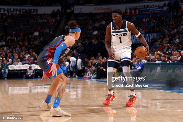 Anthony Edwards of the Minnesota Timberwolves dribbles the ball during the game against the Oklahoma City Thunder on December 16, 2022 at Paycom...