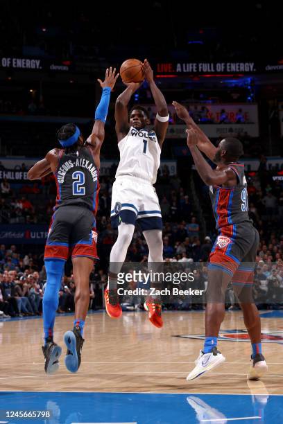 Anthony Edwards of the Minnesota Timberwolves shoots the ball during the game against the Oklahoma City Thunder on December 16, 2022 at Paycom Arena...