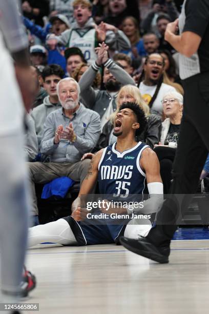 Christian Wood of the Dallas Mavericks reacts to a play during the game against the Portland Trail Blazers on December 16, 2022 at the American...