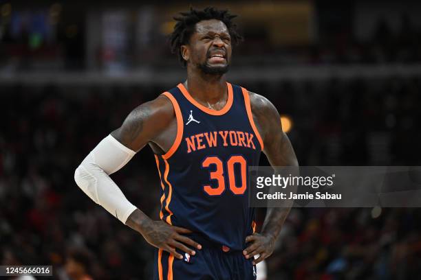 Julius Randle of the New York Knicks takes a breather during the second half of a game against the Chicago Bulls on December 16, 2022 at the United...