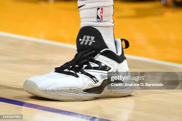 The sneakers worn by Jamal Murray of the Denver Nuggets during the game against the Los Angeles Lakers on December 16, 2022 at Crypto.Com Arena in...