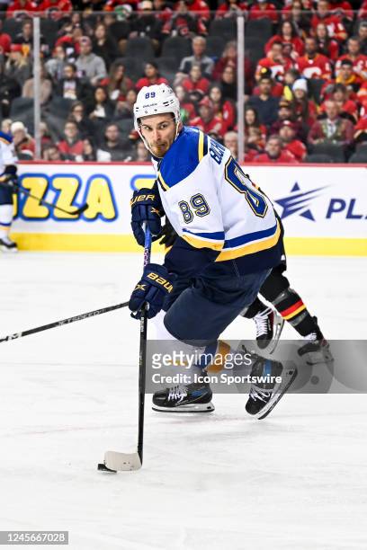St. Louis Blues Left Wing Pavel Buchnevich skates with the puck during the third period of an NHL game between the Calgary Flames and the St. Louis...
