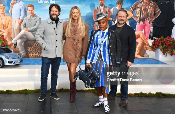 Ram Bergman, Kate Hudson, Janelle Monae and Rian Johnson attend a photocall for "Glass Onion: A Knives Out Mystery" at King's Cross St. Pancras...