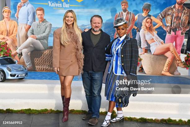 Kate Hudson, Rian Johnson and Janelle Monae attend a photocall for "Glass Onion: A Knives Out Mystery" at King's Cross St. Pancras Station on...