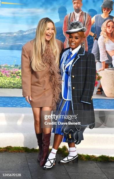 Kate Hudson and Janelle Monae attend a photocall for "Glass Onion: A Knives Out Mystery" at King's Cross St. Pancras Station on December 17, 2022 in...