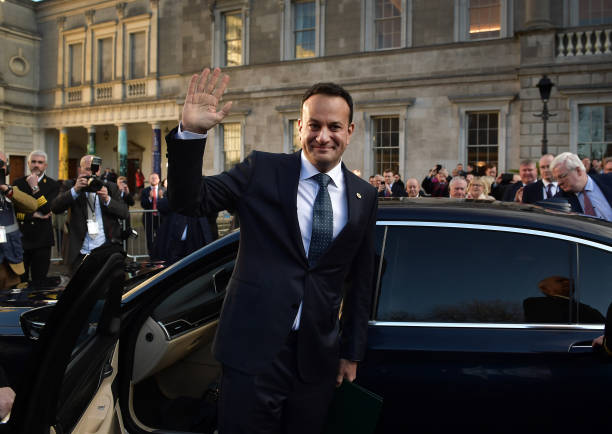 Fine Gael leader Leo Varadkar waves as he is congratulated by party members after being nominated as Taoiseach at Leinster House on December 17, 2022...