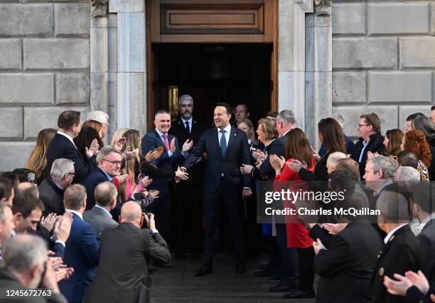 Fine Gael leader Leo Varadkar is congratulated by party members after being nominated as Taoiseach at Leinster House on December 17, 2022 in Dublin,...