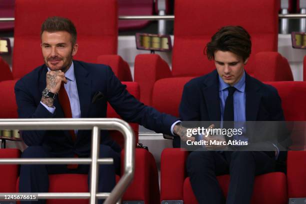 IDOHA, QATAR David Beckham with Son Cruz Beckham during the FIFA World Cup Qatar 2022 3rd Place match between Croatia and Morocco at Khalifa...